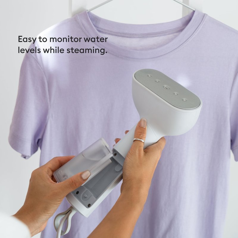 Steamery Handheld Clothes Steamer Cirrus Core, 1350W, Steam Output 0.74 oz/min, Heat up in 15 Seconds, Dry Steam Technology, Hanging Loop, Visible Water Tank, Portable, Scandinavian Design (White)