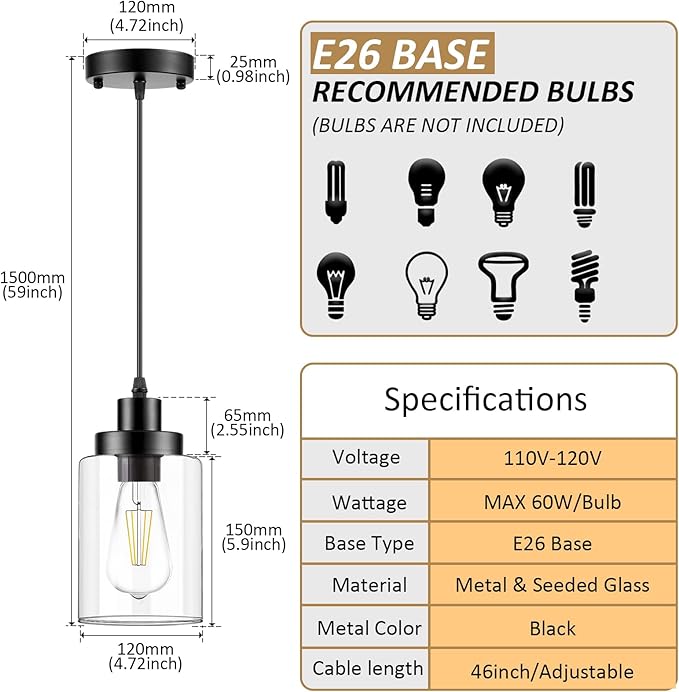 Industrial Pendant Lighting, Modern Clear Glass Shade Farmhouse Adjustable Hanging Light Fixtures for Kitchen Island Living Room Bedroom Hallway, 3-Pack