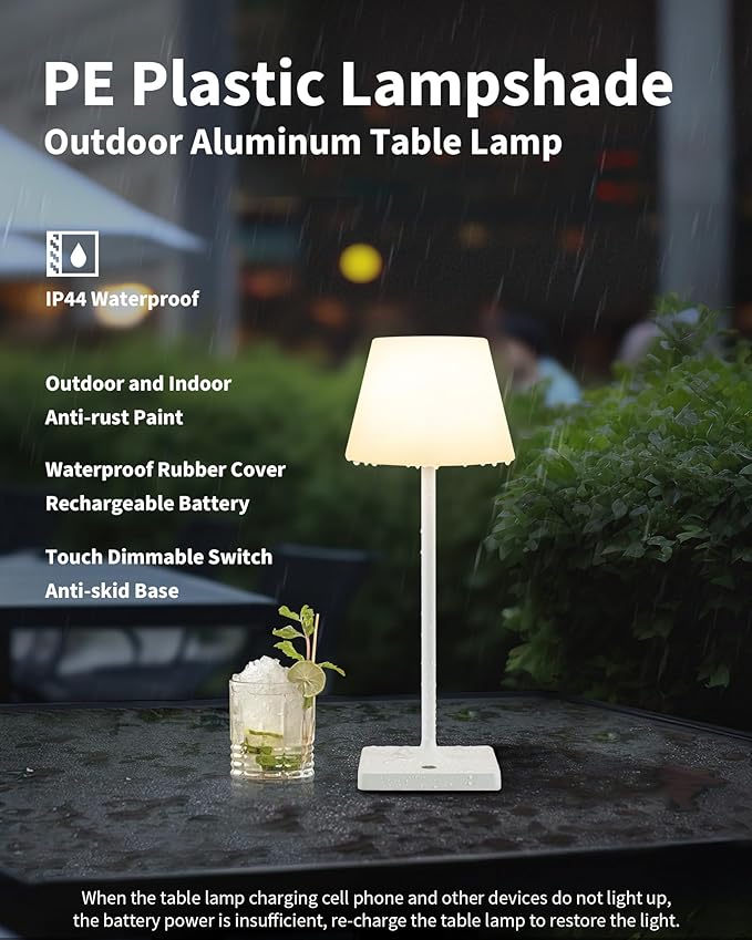 14.5" Small Cordless Touch Table Lamp White, Waterproof Shower Lamp, 4000mAh Rechargeable Portable Battery Powered Dimmable LED Desk Lamps for Outdoor, Restaurant, Bathroom, Camping, Nightlight