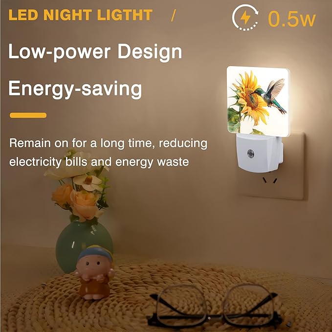 Night Light Hummingbird and Sunflower Night Lights Plug into Wall Smart Dusk to Dawn Sensor 0.5W Energy Efficient Led Lamp for Men Women Bedroom Bathroom Hallway Stairway Decor