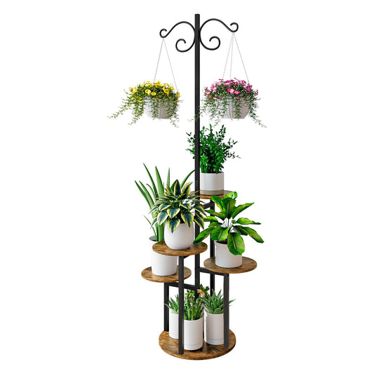 INGIORDAR Plant Stand Indoor Outdoor Corner Flower Stands Multiple Flower Pot Holder for Patio Garden Balcony Living Room (Black+Rustic Brown)
