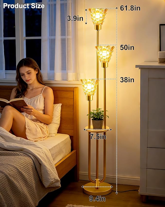 Glass Floor Lamp with Table, 62'' Gold Standing Tall Lamps with Brown Glass Shade, 3000K Warmwhite Mid Century Modern Floor Lamp for Living Room/Bedroom/Sofa Beside/Home Corner