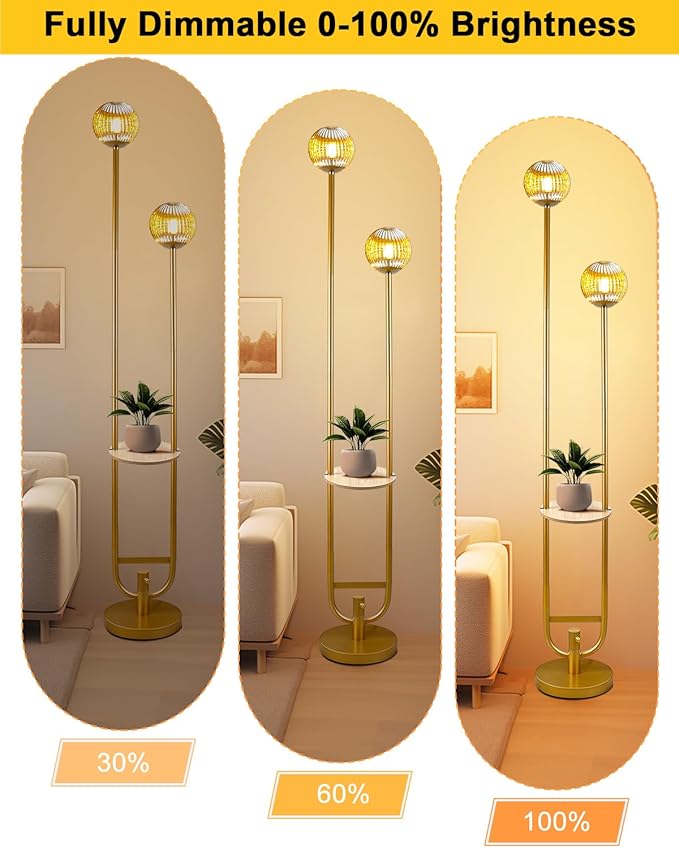 Lightdot Glass Floor Lamp with Tray, 2Pcs 3000K Warm White Bulbs Included, Mid Century Modern Standing Lamps, Gold Dimmable Globe Floor Lamp for Living Room/Wedding/Party//Sofa Beside/Corner Decor