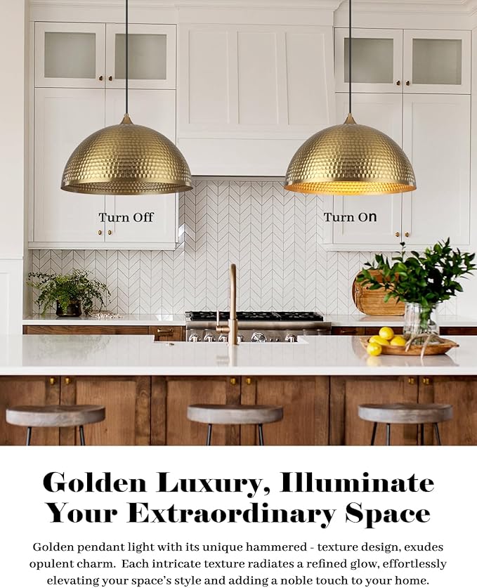 Gold Pendant Light 16 inch, Hammered Large Dome Pendant Light, Industrial Farmhouse Pendant Lights Kitchen Island, Gold Island Pendant Lights for Kitchen, Dining Room Living Room 1 Pack