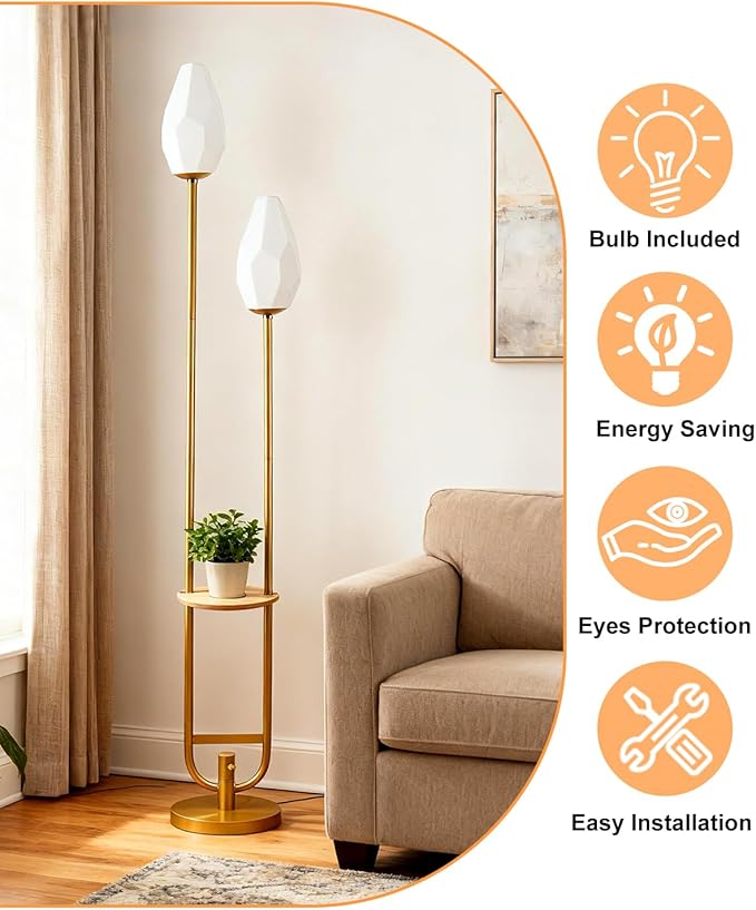 Lightdot 63IN Gold Floor Lamp with Shelf, Mid Century U-Shaped Tall Standing Lamps with Rock-Shaped Shades& Bulb Included, Modern Floor Lamp for Living Room/Wedding/Party/Sofa Beside/Corner Decor
