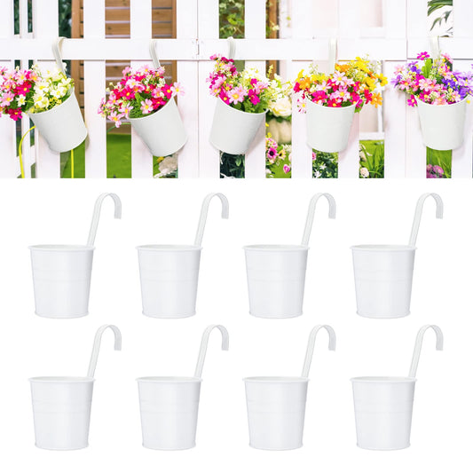 KINGLAKE Flower Pots,10 Pcs Metal Iron Hanging Flower Plant Pots Balcony Garden Plant Planter Baskets Fence Bucket Pot 4'' Flower Holders with Detachable Hook White
