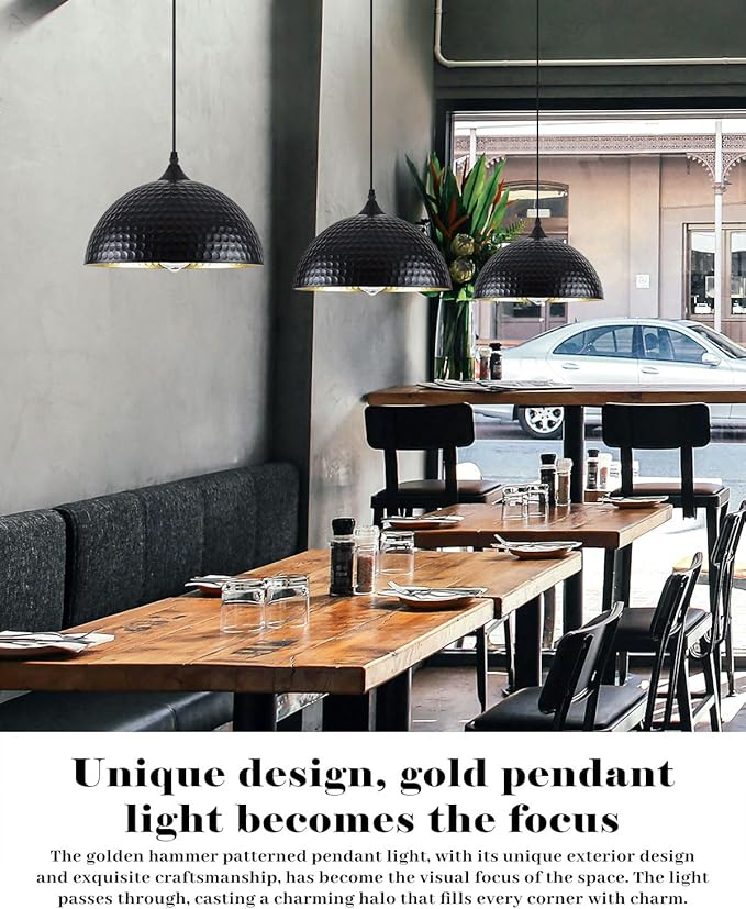 Hammered Pendant Lights Kitchen Island 2 Pack, 12 Inch Black Dome Pendant Light, Industrial Hammered Pendant Light, Island Pendant Lights for Kitchen, Dining Room, Cafe