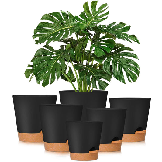 GARDIFE Plant Pots 8/7/6.5/6/5.5/5 Inch Self Watering Planters with Drainage Hole, Plastic Flower Pots, Nursery Planting Pot for All House Plants, African Violet, Flowers, and Cactus,Black