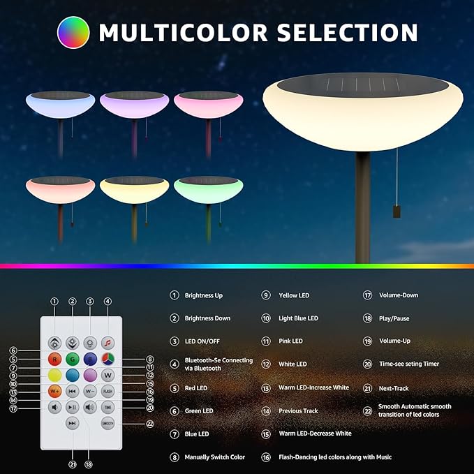 Solar Outdoor Floor Lamp USB Portable Speaker Dimmable LED Rechargeable RGB Warm White Lights for Yard Garden Patio(Cone Base)