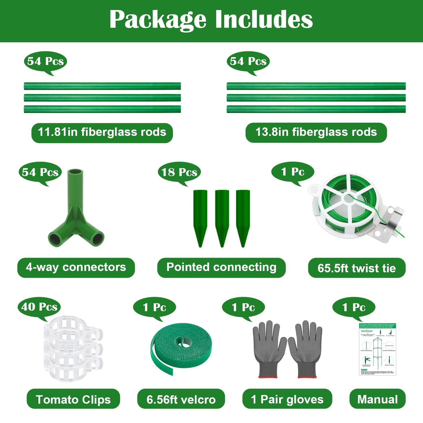 6 Packs Fiberglass Tomato Cages for Garden, 56 Inch Tall Tomato Plant Support, Adjustable Cucumber Stakes Plant Climbing Trellis for Garden Vegetables Fruits, Climbing Bean Support Cages with Clips