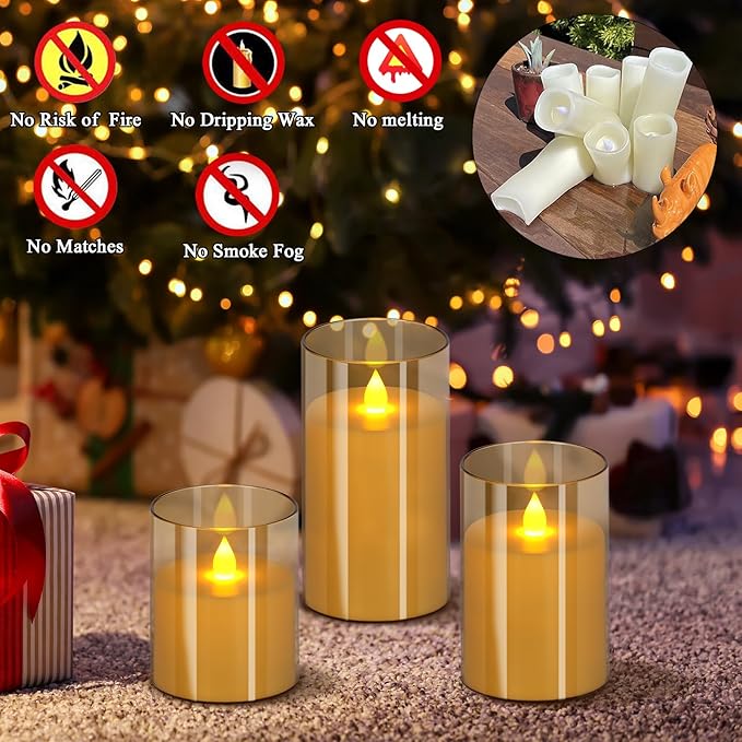 Flameless Candles 4" 5" 6" Set of 3 Acrylic Glass Pillars 3" Diameter Battery Operated Flickering Candles Include 8-Key Remote with Timer Function 400+ Hours (Amber, 3 Pack)