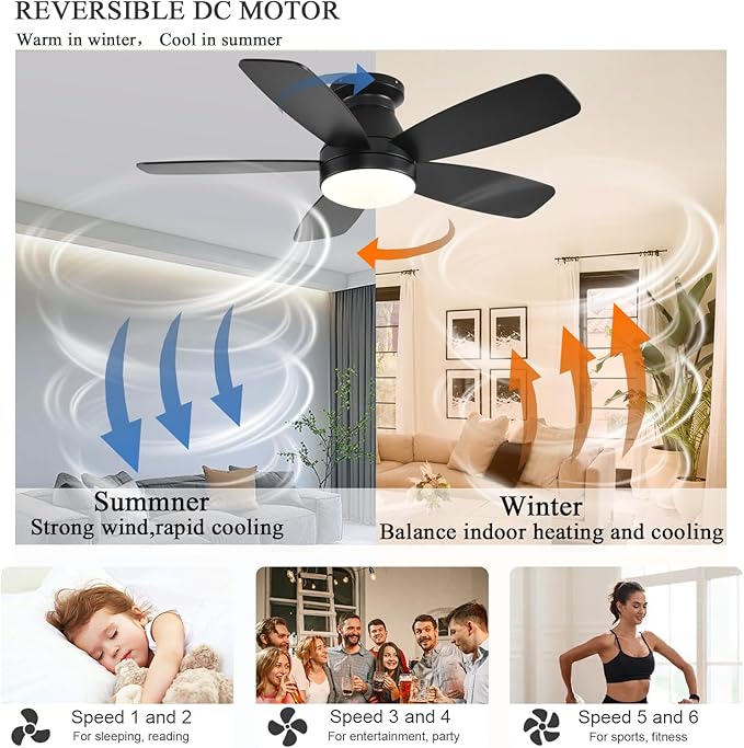 Ceiling Fans with Lights, 42 Inch Low Profile Ceiling Fan with Light and Remote/App Control, Flush Mount, Reversible, 3CCT, Dimmable, Noiseless, Black Ceiling Fan for Indoor/Outdoor Use