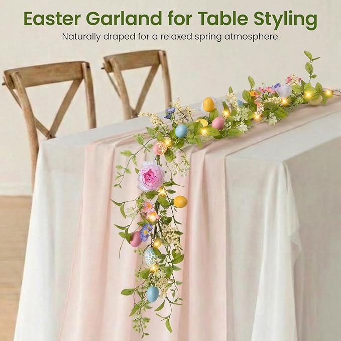 6FT Prelit Easter Garland with 20 LED Lights, Lighted Artificial Easter Egg Garland for Mantle, Battery Operated with 8 Mode Timer – Peony & Berry Accents