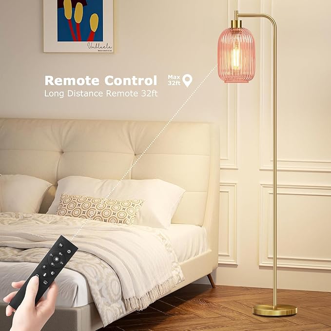 Pink Floor Lamp for Living Room,Bedroom,Gold Dimmable Standing Lamp with Remote,Mid Century Modern Brass Tall Lamp Retro Vintage Glass Lamp Floor Light Boho Bohemian