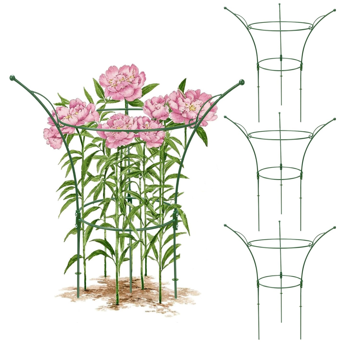 HEYTIMI 4 Pack Peony Cages and Supports Cages 13" D x 22.8" H Sturdy Metal Support Frame for Peonies & Roses Natural Bouquet Shape Garden Stakes for Outdoor Plants Flowers Ornamental (Green)