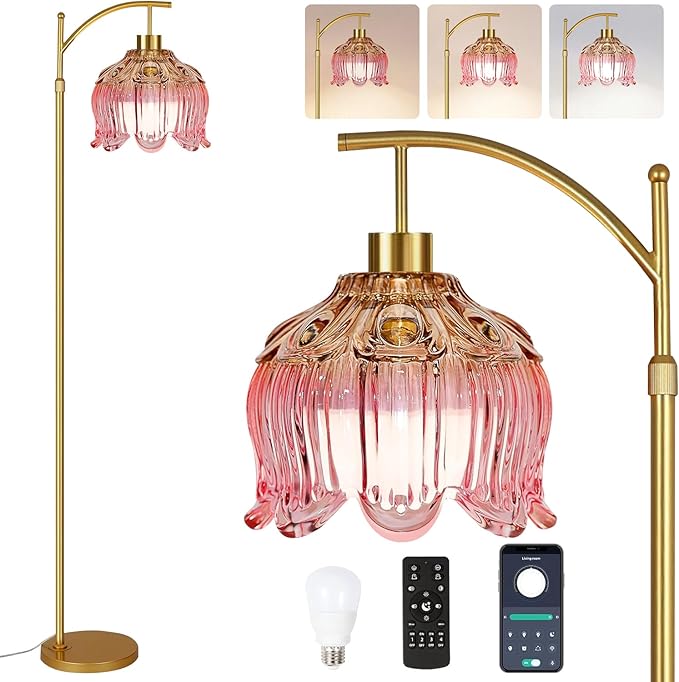 Pink Floor Lamp for Living Room,Bedroom,Glass Gold Dimmable Standing Lamp with Remote,Mid Century Modern Brass Tall Lamp Boho Floor Lamps Arc Stained Tulip Flower Floor Light Lamp Bohemian