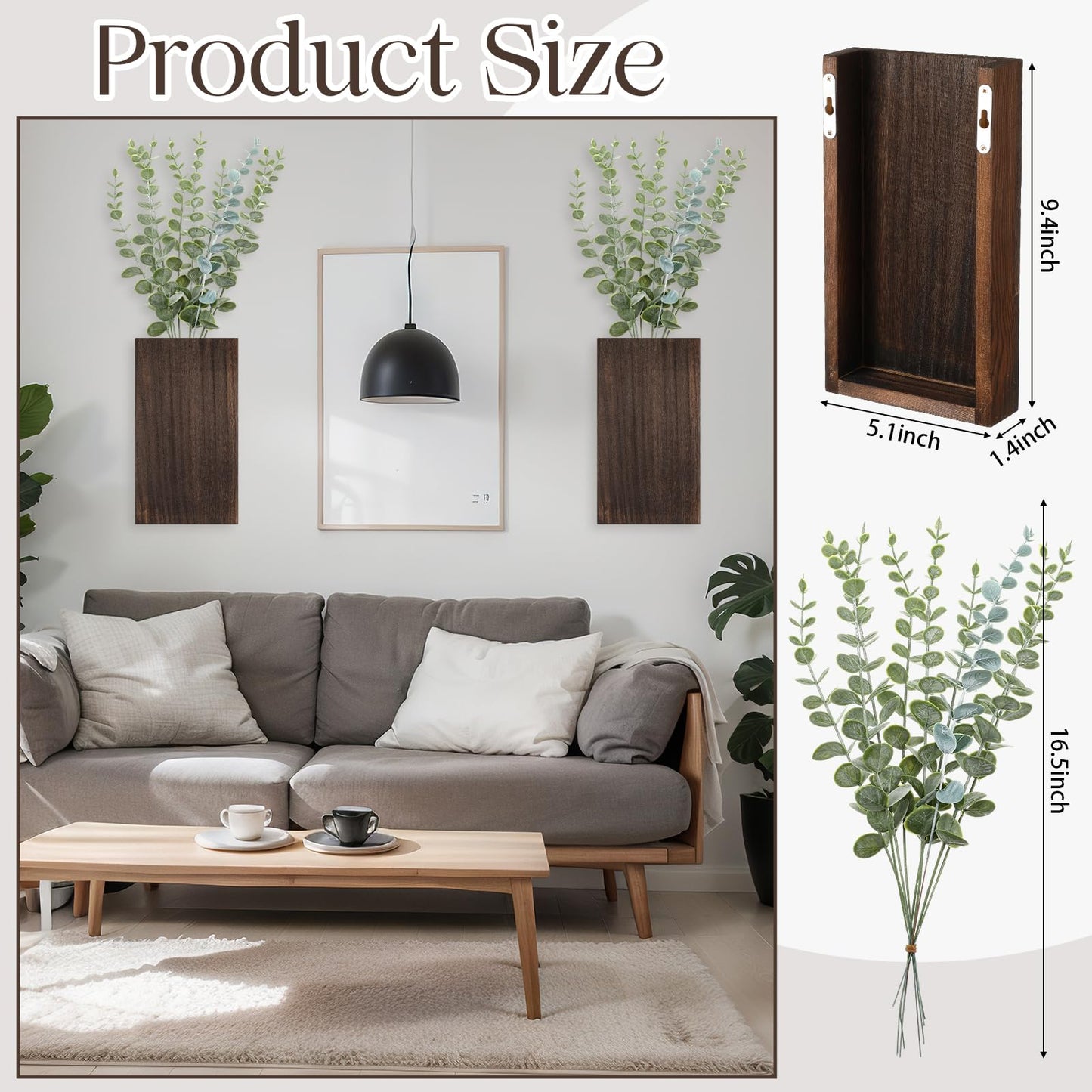 Vesici 2 Pack Wood Wall Planter Vase with Artificial Plants Indoor Plants Holder Pocket Farmhouse Wooden Vases Wall Flower Hanging Plant Decor for Bedroom Kitchen Office Home(Eucalyptus,Wood)