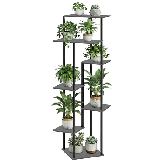JEPRECO Tall Plant Stand Indoor 7-Tier Metal Wood Plant Shelf for Multiple Flower Pots Corner Flower Holders for Living Room Balcony Bedroom, Oak Grey