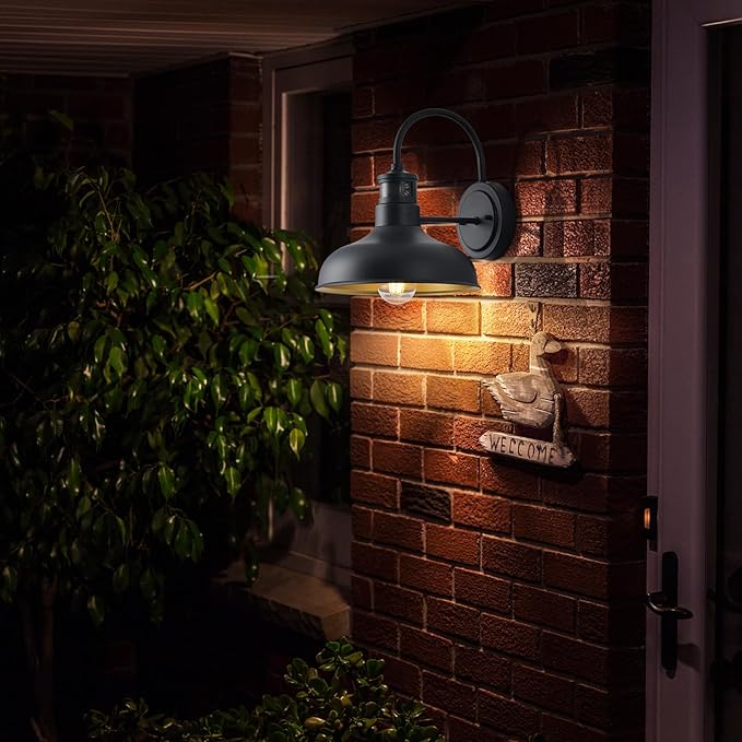 10in. Exterior Barn Style Motion Lights with Wall Mount, Dusk to Dawn Outdoor Motion Sensor Gooseneck Lighting Fixture for Farmhouse, Black Barn Porch Wall Lighting for Garage and House