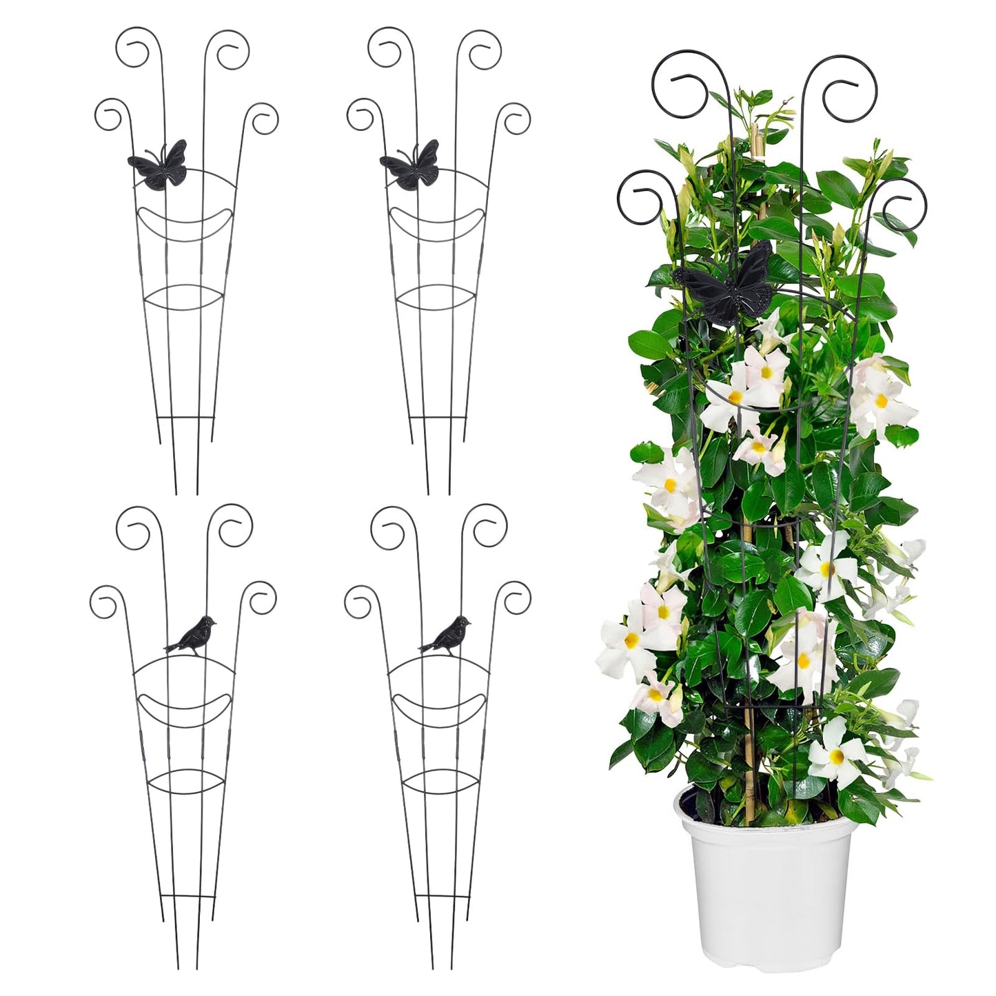 4 Pack 30 Inch Taller Plant Trellis for Potted Climbing Plants Indoor, Black Metal Garden Trellis with Butterfly & Bird Designs - Sturdy Expandable Plant Support for Ivy, Pothos, Monstera