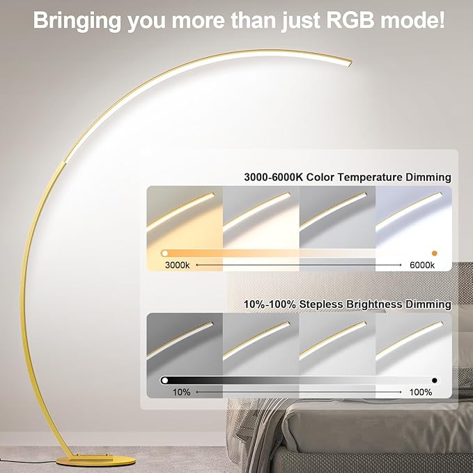 RGB Floor Lamp with 3 Color Temperatures, Ultra Bright 1800LM Smart Arc LED Floor Lamp with Remote Control, Music Sync, Scene Modes, Modern Standing Tall Lamp for Bedroom Living Room Gaming Rooms-Gold