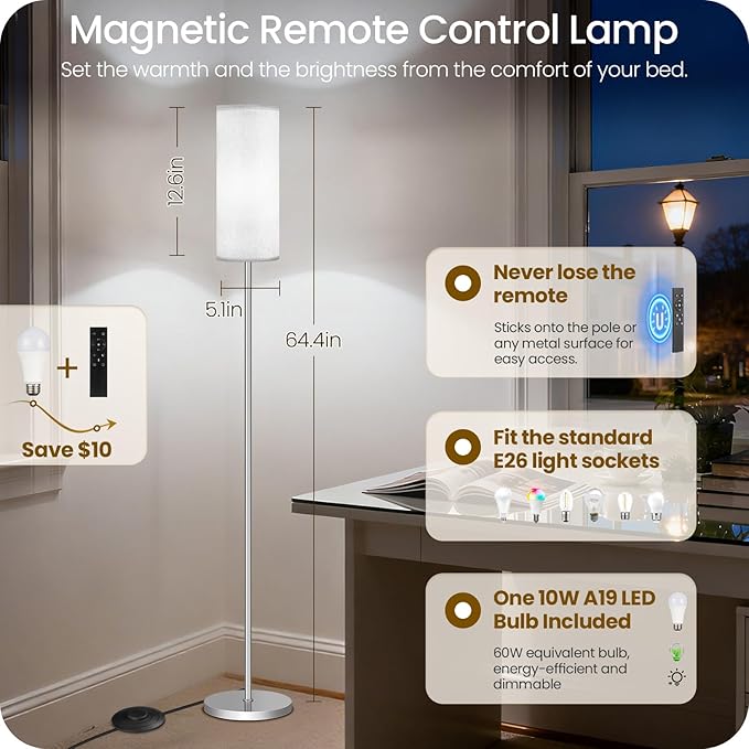 Dimmable Floor Lamps for Living Room with Remote and Foot Switch, 64.4” Modern Standing Tall Lamp, Corner Lamp for Office, Bulb Included, 3000K-6500K, Silver and Off-White SW06LD05W1
