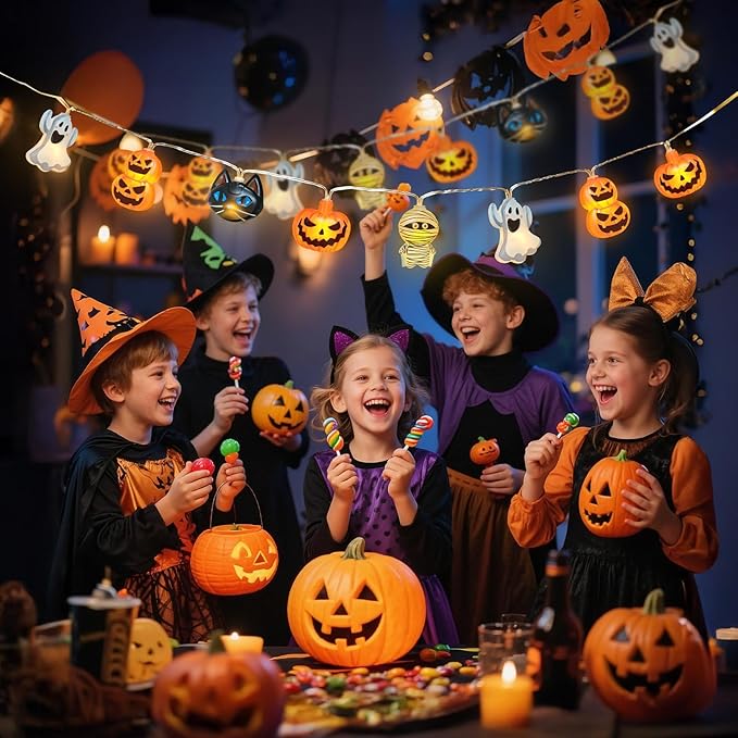 Halloween String Lights Indoor: 9.84 FT 20 LED Battery Operated Pumpkin Ghost Cat Lighted Decorations – 8 Modes Waterproof Timer for Window Porch House Room Bedroom Party Decor