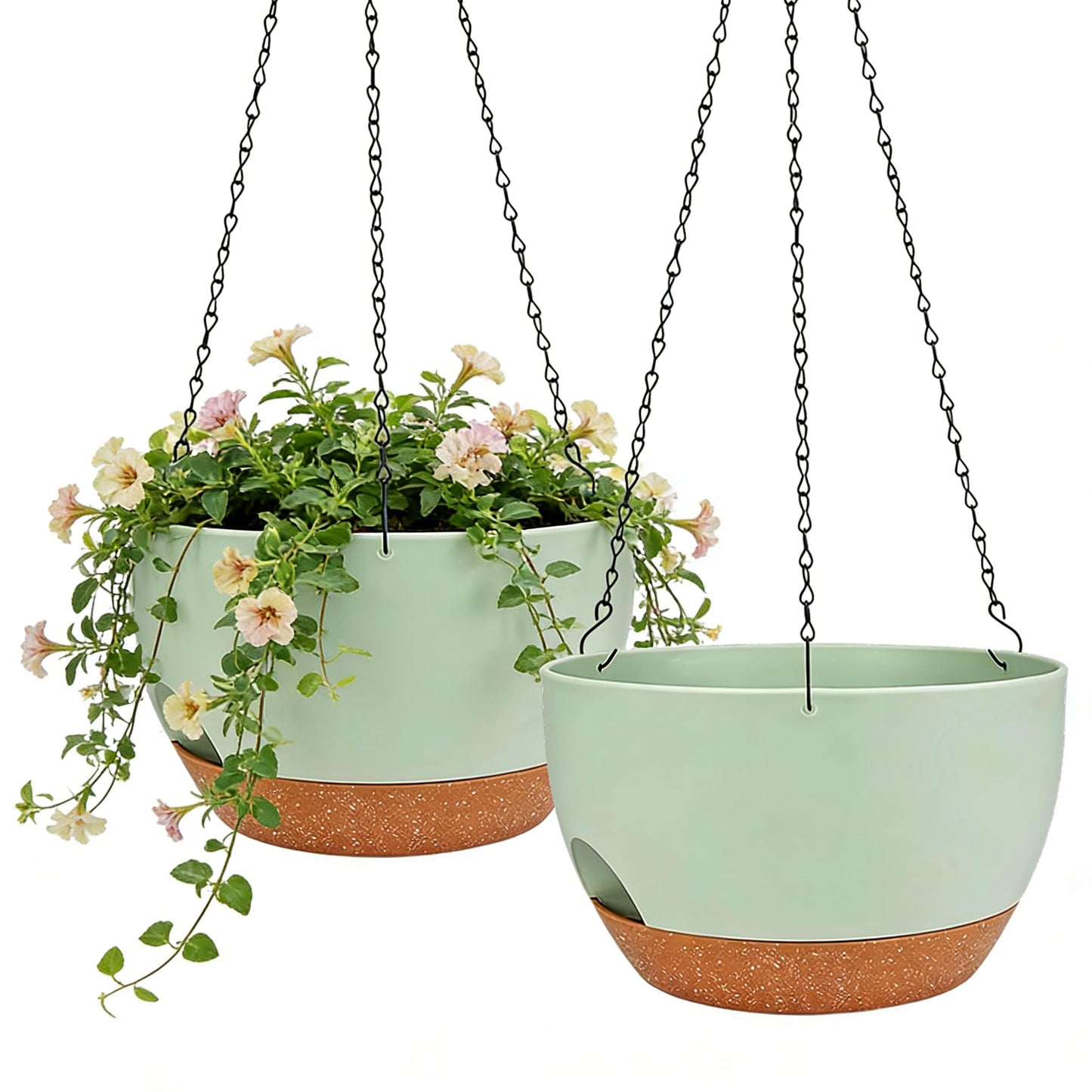 zople Set of 2-8 Inch Self Watering Hanging Planters for Indoor Outdoor，Hanging Plant Pots with Drainage & Removable Tray, Hanging Pots Holder for Ivy, Pothos, Ferns, Balcony & Patio, Green Brown