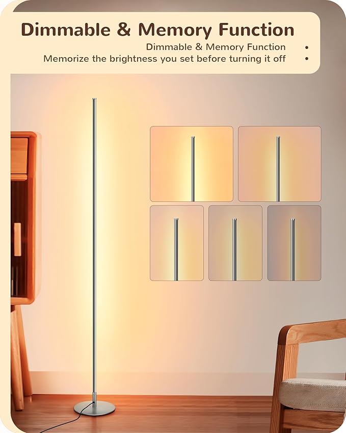 EDISHINE LED Corner Floor Lamp, Minimalist Dimmable Light with Remote, 57.5 Inches Tall Floor Lamps for Living Room, Bedroom, Home Office, 7 Color Temperature 2700-6000K (Silver)