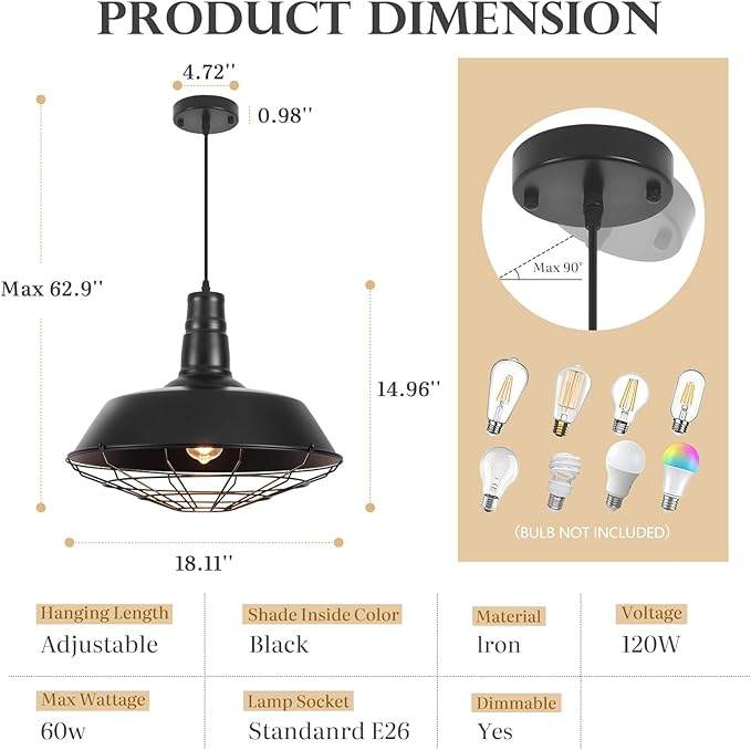 Black Farmhouse Pendant Light, 18.1 Inch Large Pendant Lights Kitchen Island, Industrial Pendant Light with Wire Cage, Barn Light 2 Pack, Island Pendant Lights for Kitchen Barn Dining Room