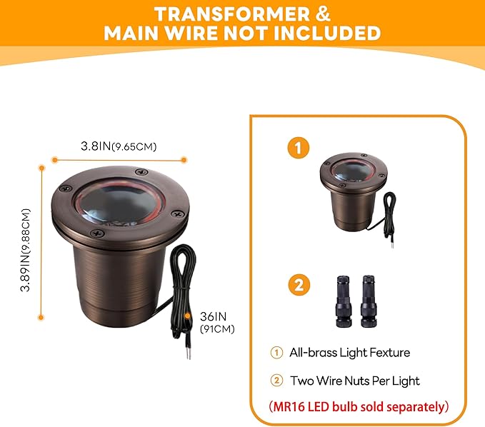 Gardenreet Brass Low Voltage Inground Landscape Lights - IP67 12V LED Well Light, Electric Outdoor Lighting, Antique Bronze for Walkway Garden Tree Without MR16 Bulb (6 Pack)