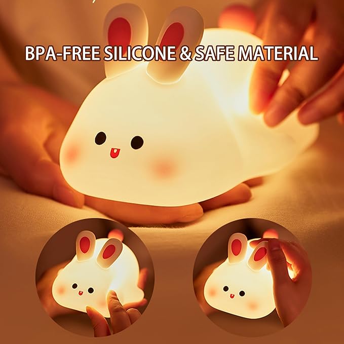 Squishy Bunny Night Light for Kids, Cute Big Face Rabbit Silicone Lamp with Timer Dimmable 3 Brightness, Easter Nursery Nightlight Portable Bedside Touch Lamp for Nightstand Bedroom Living Room Home ﻿