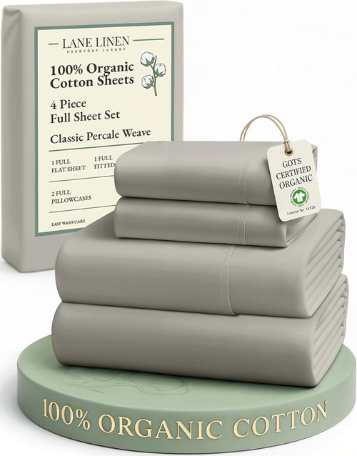 LANE LINEN Organic Cotton Full Size Sheet Set - Eco-Friendly, Soft Percale Bedding, Silver