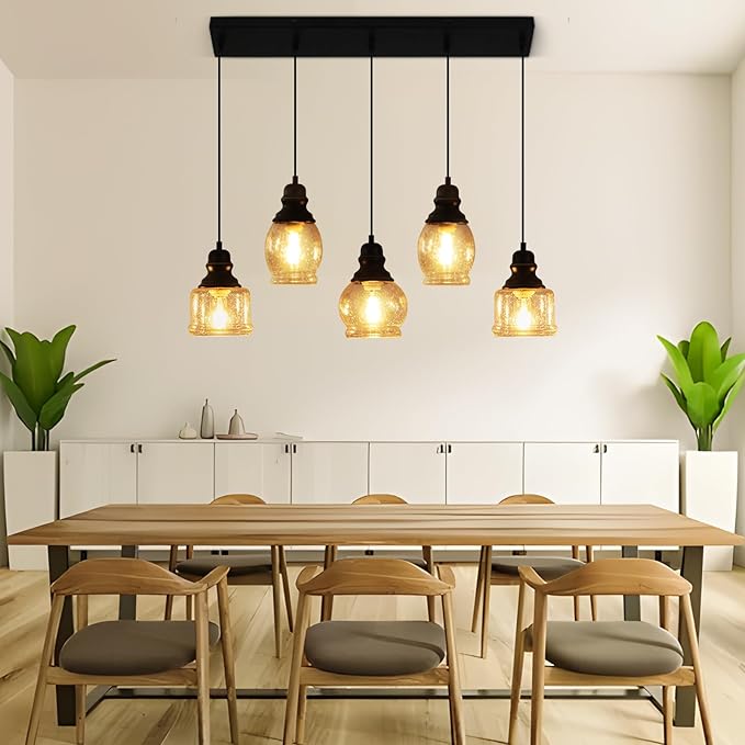 WILON Pendant Lights Kitchen Island, 5-Light Dining Room Light Fixture with Seeded Glass Shade, Farmhouse Chandeliers for Dining Room Matte Black Finish Hanging Linear Chandeliers for Kitchen Island