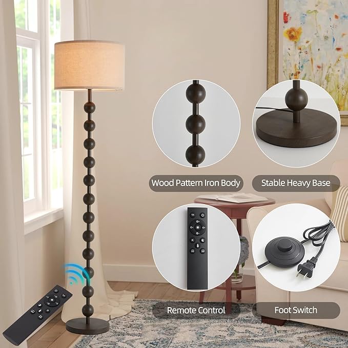 Modern Dimmable Floor Lamp with Remote Control for Living Room Bedroom, Dark Brown Wood Pattern Tall Standing Lamp Light for Home Office Dining Room with Fabric Shade