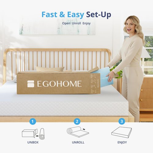 EGOHOME 2 Inch Queen Memory Foam Mattress Topper, Cooling Gel Infused & Pressure Relieving Pad in a Box, Dorm Room Essentials, CertiPUR Certified, Blue