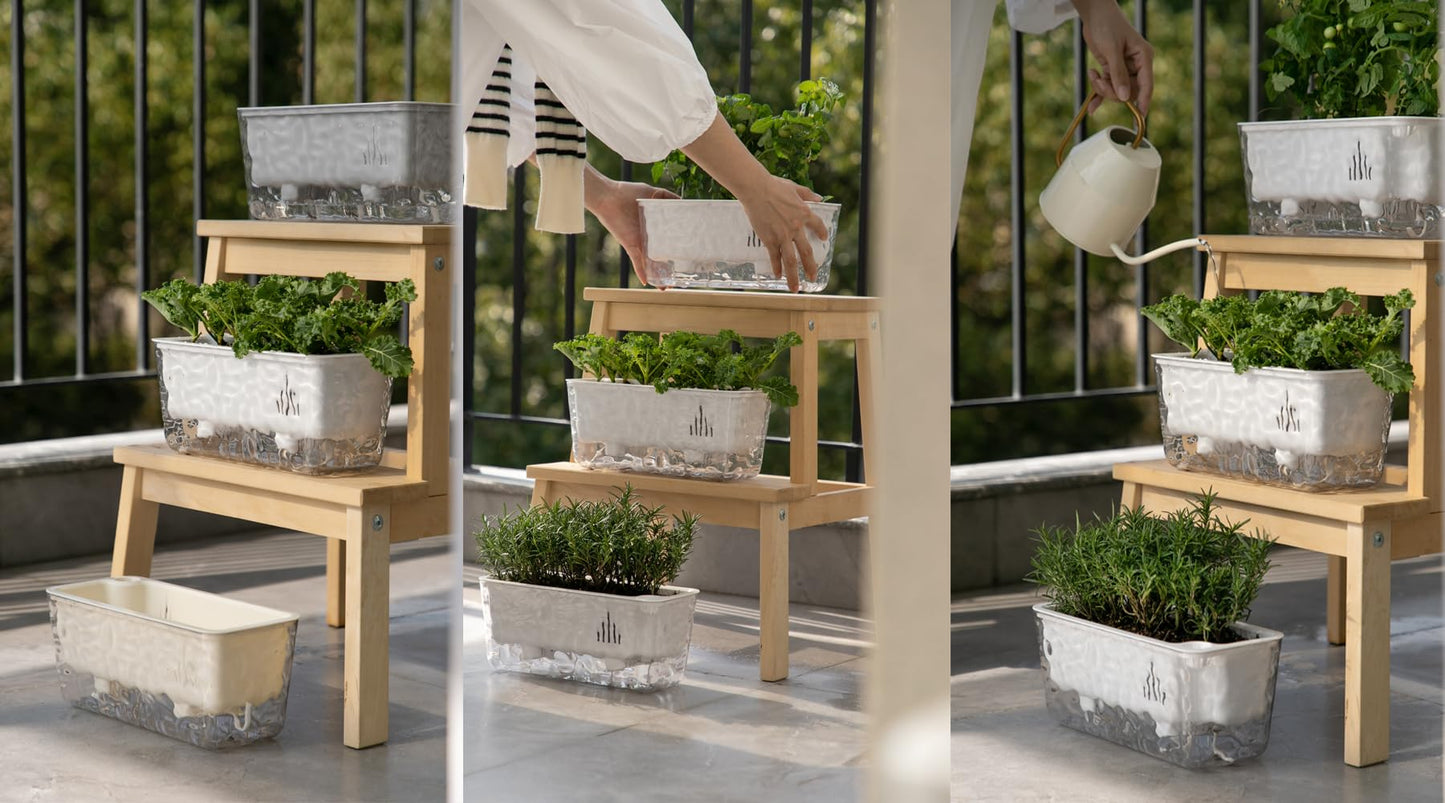 Qimodo 3 Pack Self Watering Rectangular Plant Pots, 11" x 5"x 5" Plant Containers with Drainage Holes, Rectangle Houseplant Window Planters for Succulents, Flowers,Herbs,Vegetables (Off-White)