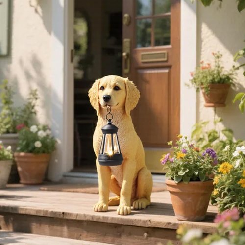 Cynkeyee Golden Retriever Puppy Statue - Solar Outdoor Dog Figurine for Garden & Patio | 13.5x7.5x15.5 Inch