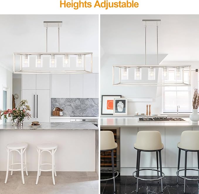 Chandeliers for Dining Room, 5 Light Dining Room Light Fixture Modern Metal Industrial Kitchen Lighting Fixtures Ceiling Easy Installation Kalium Pendant Lights for Bar Restaurant-E26 Socket,Sliver
