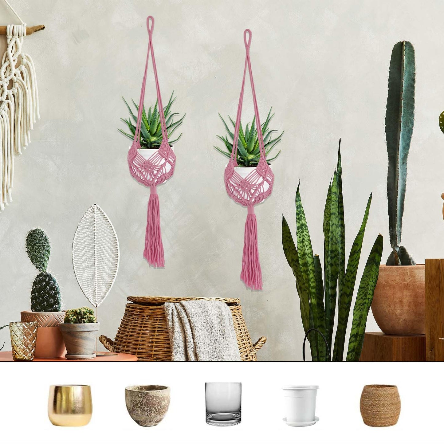 2 Pack 90CM (35inch) Extra Long Macrame Plant Hangers, up to 8 inch Pot Hanging Planter with Patterns, Premium Cotton Rope Crochet Boho Hanging Planter Basket for Indoor & Outdoor Plants (Pink)