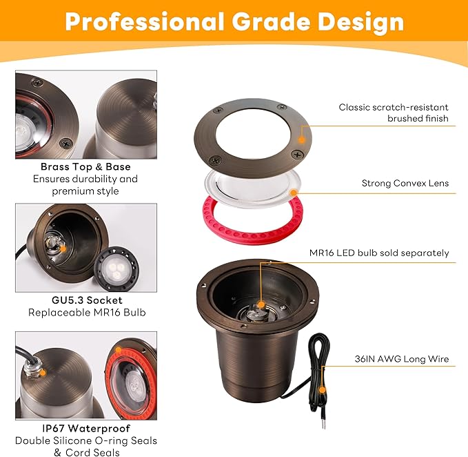 Gardenreet Brass Low Voltage Inground Landscape Lights - IP67 12V LED Well Light, Electric Outdoor Lighting, Antique Bronze for Walkway Garden Tree Without MR16 Bulb (6 Pack)