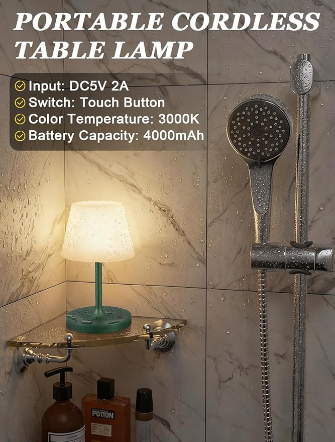 Kakanuo Green Cordless Shower Lamp Waterproof, Rechargeable Cordless Lamp with 4000mAh Battery, Touch Dimmable Table Lamp for Outdoor, Kitchen, Bathroom, Camping, Patio, IP54