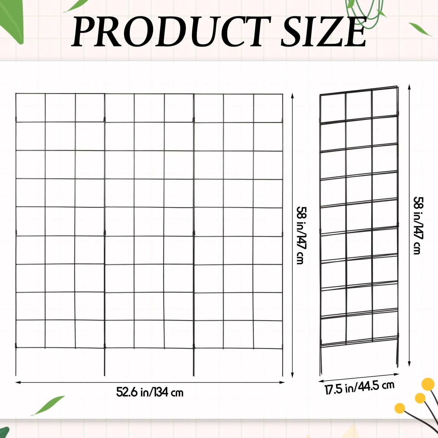 Menkxi 3 Panel Folding Garden Trellis for Climbing Plants, 52.6" W x 58" H Sturdy Metal Frame Cucumber Metal Trellis Garden Plants Support for Outdoor Pea Grape and Other Climbing Vegetable