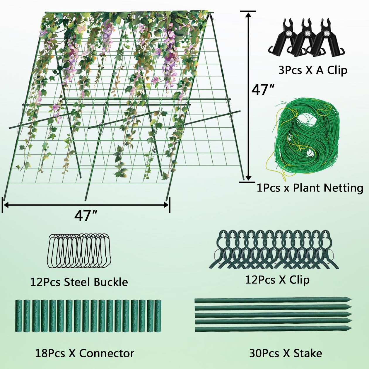 Cucumber Trellis,A-Shape Garden Trellis for Raised Beds with Climbing Net,Plant Support for Climbing Plants Outdoor,47x47inch Metal Vegetables Trellis