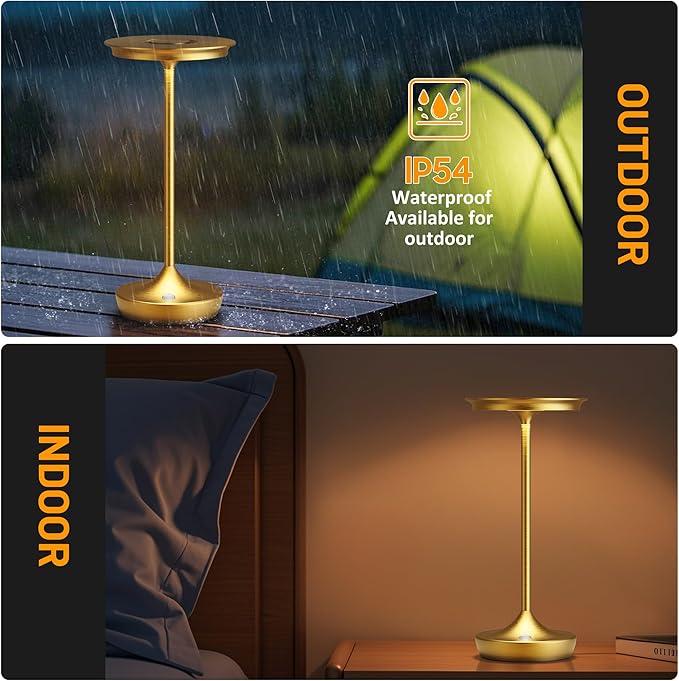LED Cordless Table Lamps Rechargeable - Outdoor 6000mAh Battery Operated Portable Tables Light 3 Color Stepless Dimming Lamp with Memory Function for Patio Restaurant Dining Gold