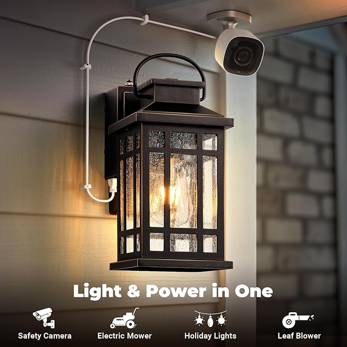 Dusk to Dawn Porch Lights with GFCI Outlet, Outside Lighting Fixtures for House, Oil Rubbed Bronze Exterior Garage Light Fixtures with Gold Trim, Anti-Rust Outdoor Sconce Light for Patio, Coach