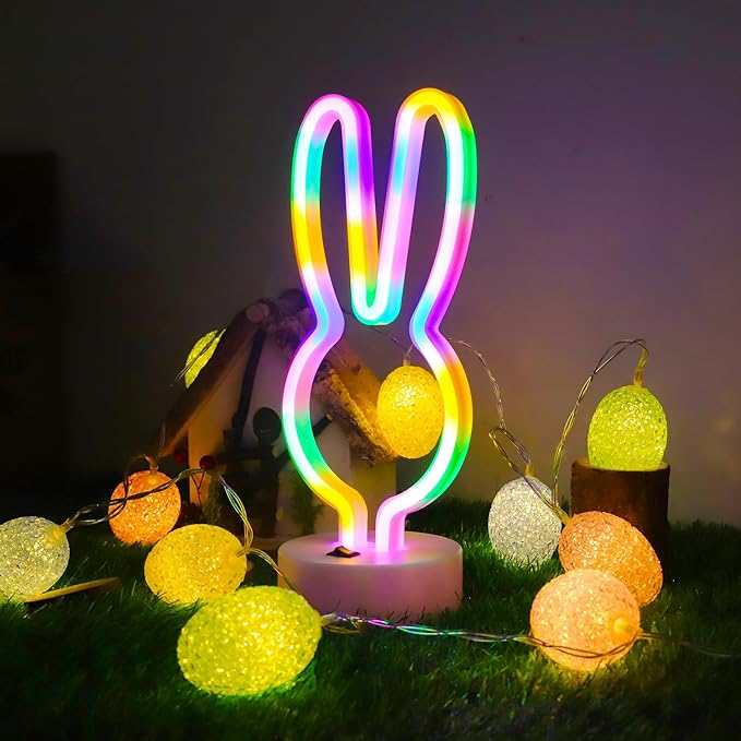 Easter Decorations Neon Bunny Lights, Creative Bunny Neon Signs with Base, Battery/USB Operated, Multi-colored Rabbit Lights for Home, Kids, Spring Decor