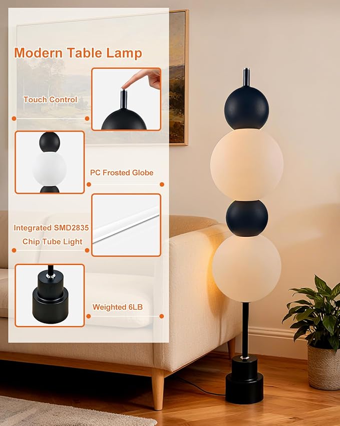 Globe Floor Lamp - Black Metal with White Globe Tower, 3000K Dimmable LED, Touch Switch, Modern Tall Standing Lamp for Bedroom, Living Room, Home Office