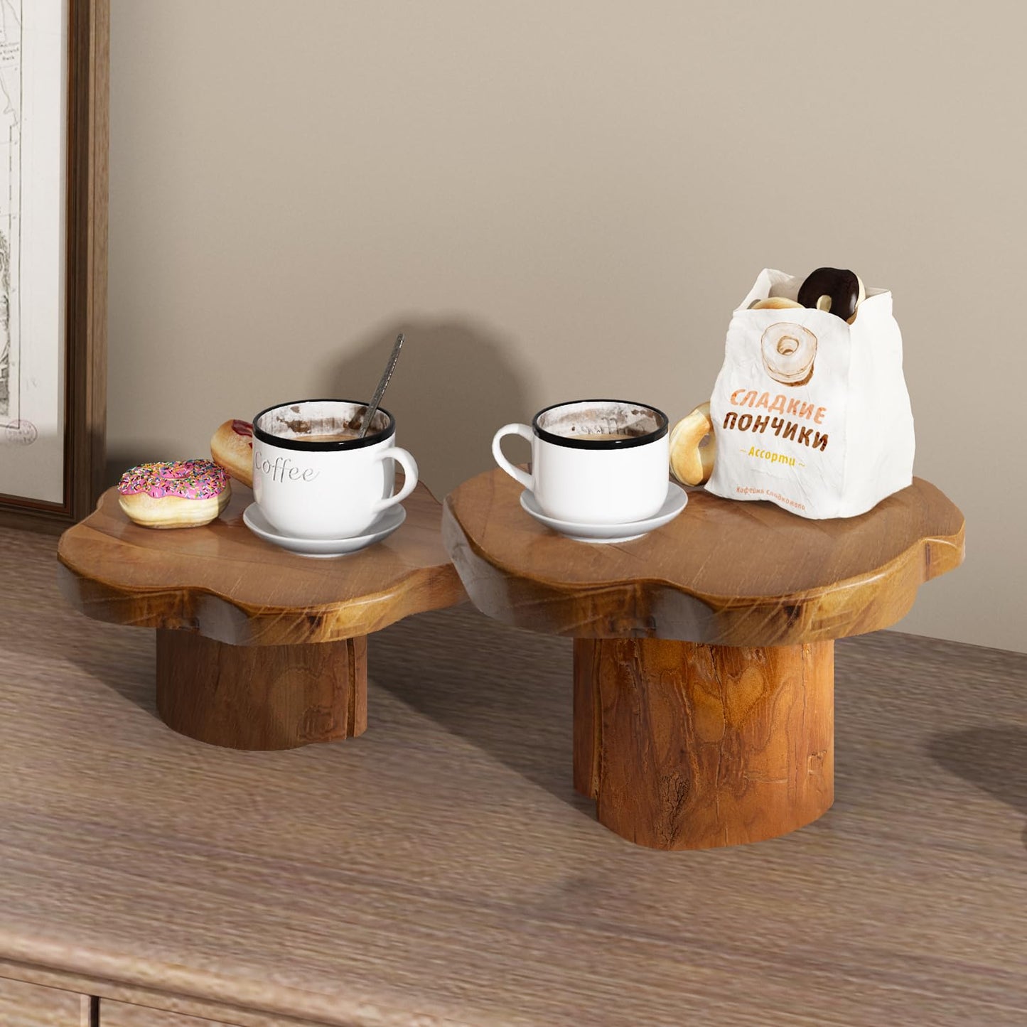 JOLLYMER 9" Live Edge Teak Wood Display Risers With Natural Edge Base – Versatile Teak Wood Pedestal Stand Display Stand Cake Stand,for Kitchen/Bathroom Counter