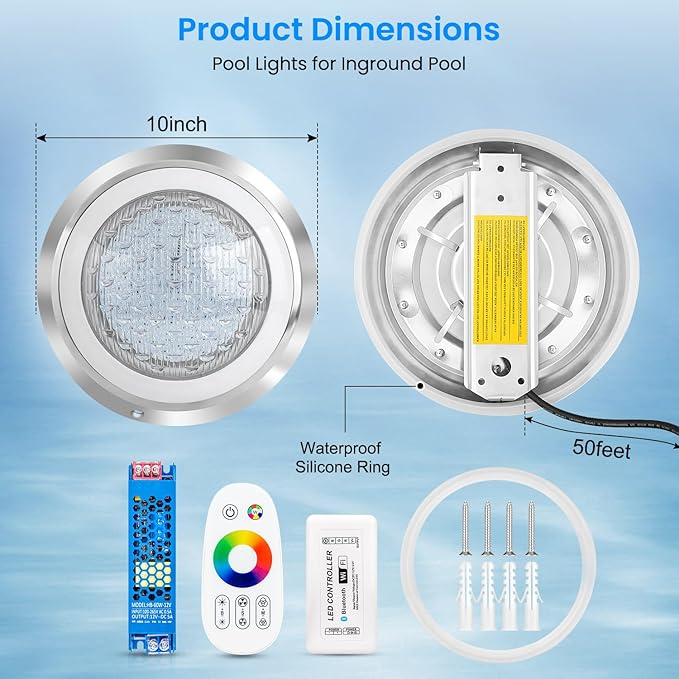 10 Inch Led Pool Lights for Inground Pool, 16 Million RGB Multicolor 12V DC Inground Pool Light, App & Remote Controller, 50 feet Cord,304 Stainless Steel,IP68, Perfect for Pool Parties, Pesorts